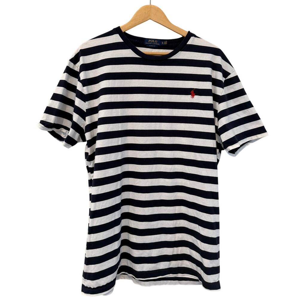 Polo Ralph Lauren Classic Fit T Shirt Navy Blue White Stripe XL